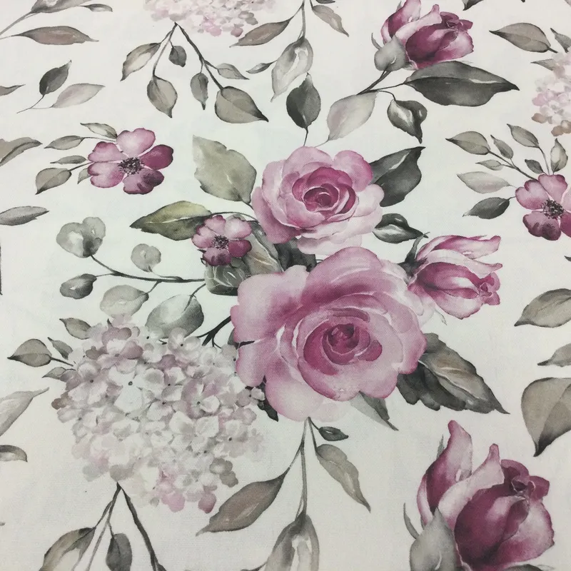Canvas, Látky metráž, Dekoračné látky - Bavlnená látka Flores 280cm-fialová ruža a biela hortenzia na bielom podklade