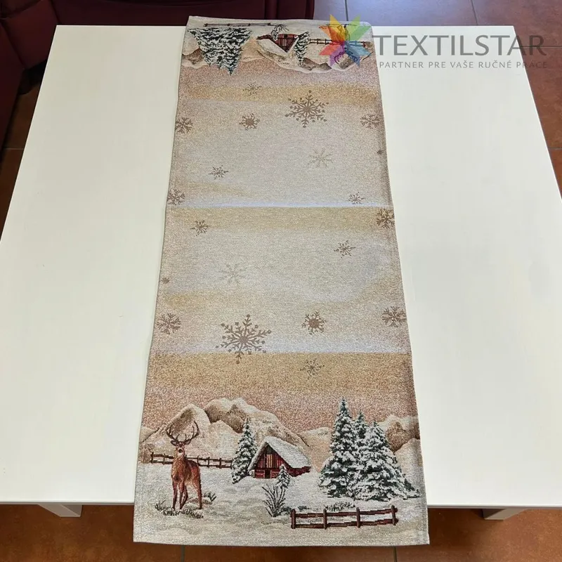 Obrusy na stoly, Vianočné obrusy, Bytový textil a dekorácie, Dekoračné obrusy, behúne - Gobelínová vianočná štóla na stôl 40x100 zasnežená krajinka - bronzová