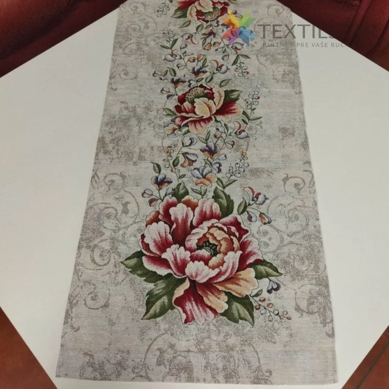 Bytový textil a dekorácie, Obrusy na stoly, Dekoračné obrusy, behúne - Gobelínový behúň na stôl chenille 45x140 Červené kvety