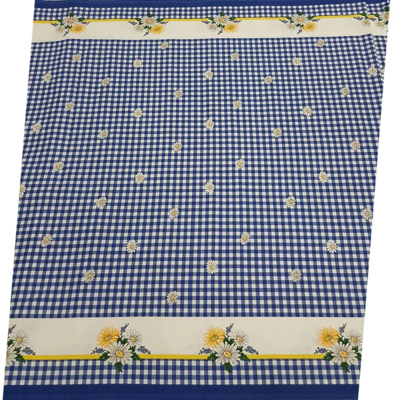 Dekoračné látky, Látky - Bavlnená látka Modré káro s margarétkami (s bordúrou na obrus)