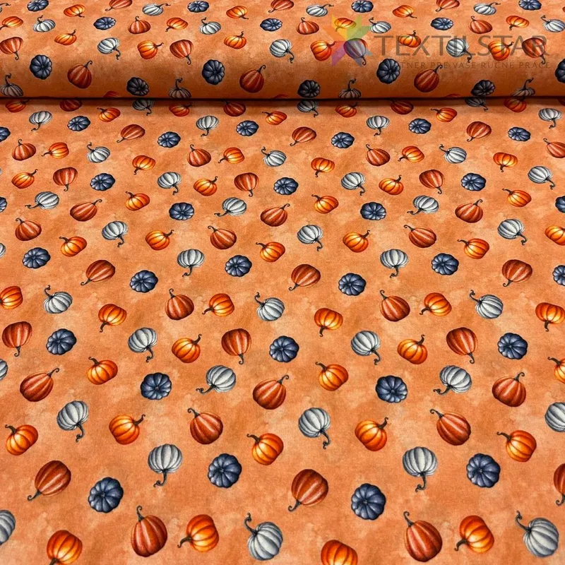 Látky metráž, Popelín, Bavlnené látky - Bavlnený popelín - farebné tekvičky na oranžovom