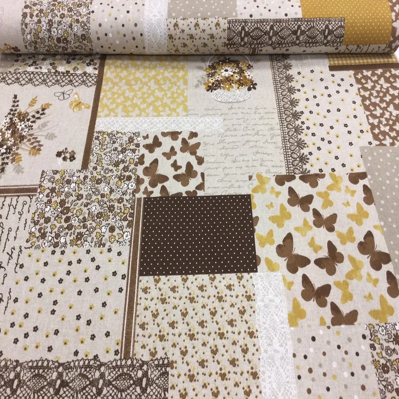 Dekoračná látka Vzor patchwork v hnedo-žltom prevedení