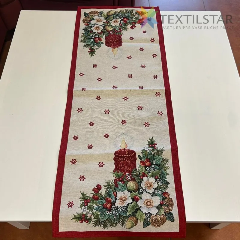 Vianočné obrusy, Bytový textil a dekorácie, Obrusy na stoly, Dekoračné obrusy, behúne - Gobelínová vianočná štóla na stôl 40x100 sviečka - červená