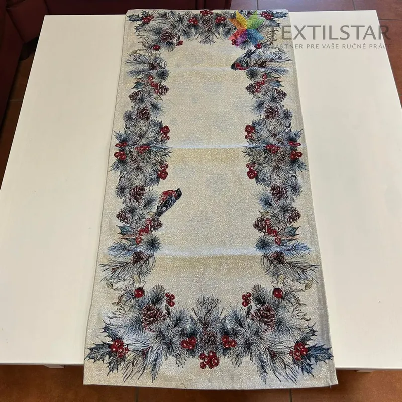 Dekoračné obrusy, behúne, Obrusy na stoly, Bytový textil a dekorácie, Vianočné obrusy - Gobelínová vianočná štóla na stôl 40x100 vianočné vetvičky - biela