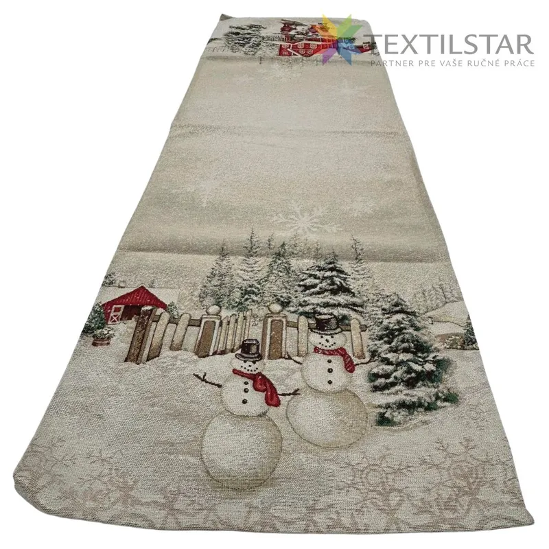 Vianočné obrusy, Bytový textil a dekorácie, Dekoračné obrusy, behúne - Gobelínová vianočná štóla na stôl 45x140 snehuliaci - krémová