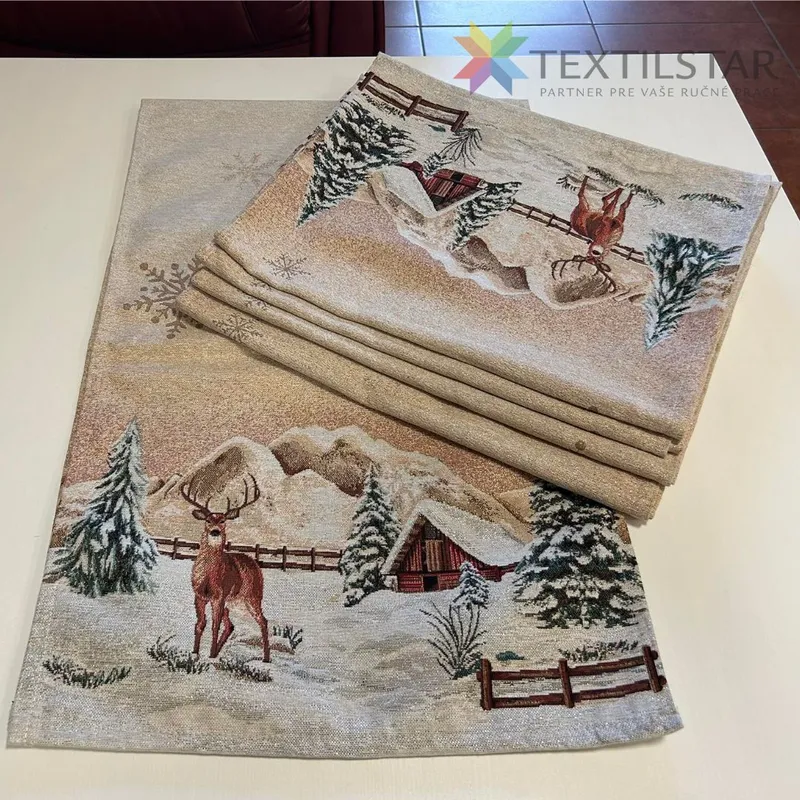 Vianočné obrusy, Bytový textil a dekorácie, Dekoračné obrusy, behúne - Gobelínová vianočná štóla na stôl 45x140 zasnežená krajinka - bronzová