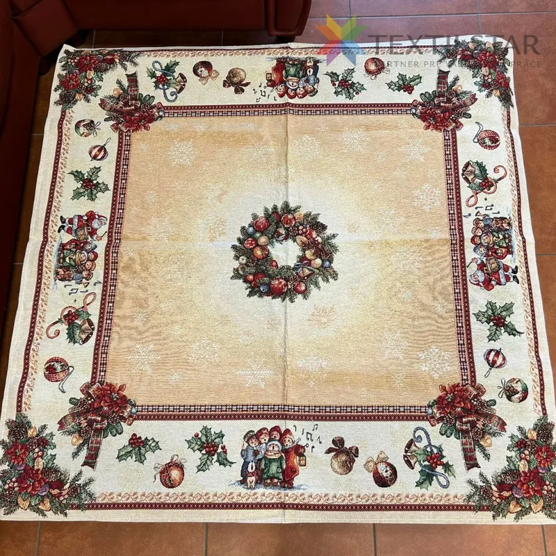 Bytový textil a dekorácie, Vianočné obrusy, Obrusy na stoly, Dekoračné obrusy, behúne - Gobelínový Vianočný obrus 100x100 vianočné dekorácie - béžová