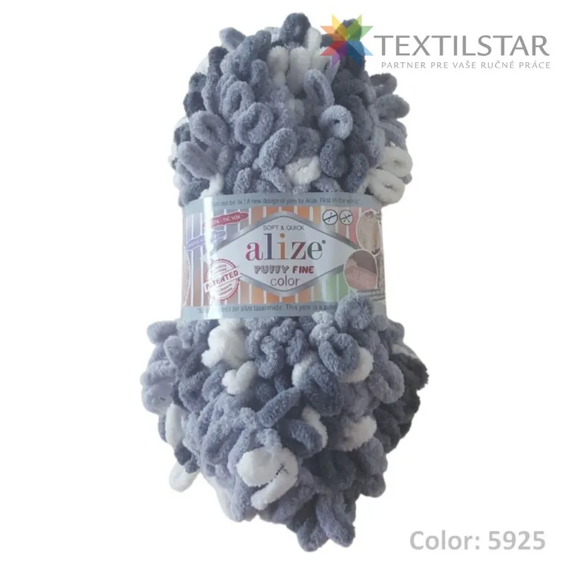 Alize PUFFY, Pletacie priadze, Alize PUFFY FINE Color, Priadze - Priadza Alize Puffy fine color 5925 bielo-sivá