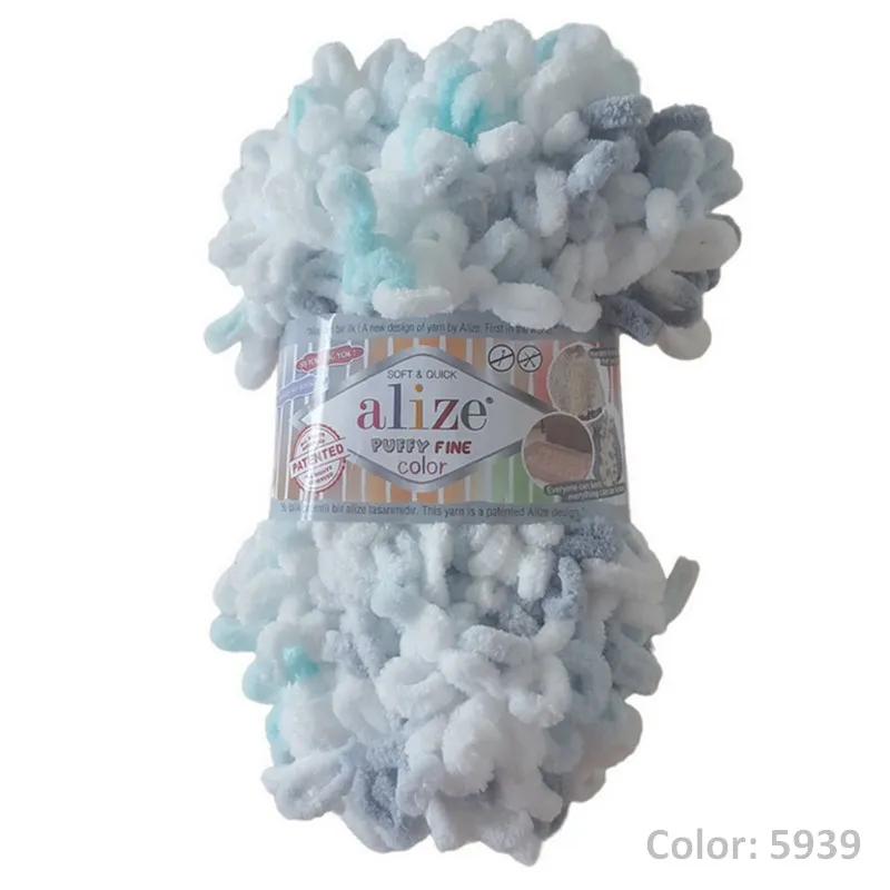 Alize PUFFY, Alize PUFFY FINE Color, Pletacie priadze, Priadze - Priadza Alize Puffy fine color 5939 bielo-tyrkysová