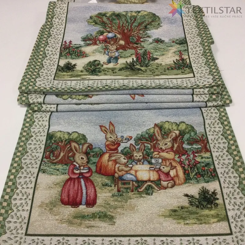 Veľkonočné obrusy, Bytový textil a dekorácie, Dekoračné obrusy, behúne - Veľkonočná gobelínová štóla na stôl 40x100 - Zajace na lúke