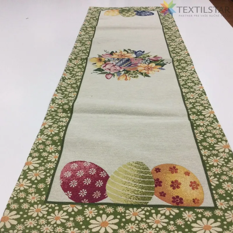 Bytový textil a dekorácie, Dekoračné obrusy, behúne, Obrusy na stoly, Veľkonočné obrusy - Veľkonočná gobelínová štóla na stôl 45x140 - Veľkonočné vajíčka a sedmokrásky