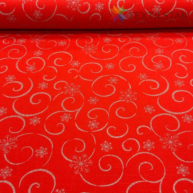 teflónové obrusy - metráž, Látky metráž - Vianočný obrus teflónový šírka 155cm vločky a ornamenty - červená